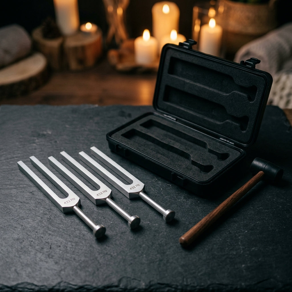 432 Hz Complete Sound Healing Kit — three forks, hardshell case, mallet