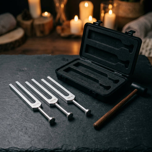 432 Hz Complete Sound Healing Kit — three forks, hardshell case, mallet